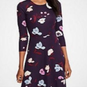 Ann Taylor Floral Long Sleeve Dress - Navy and Multicolor